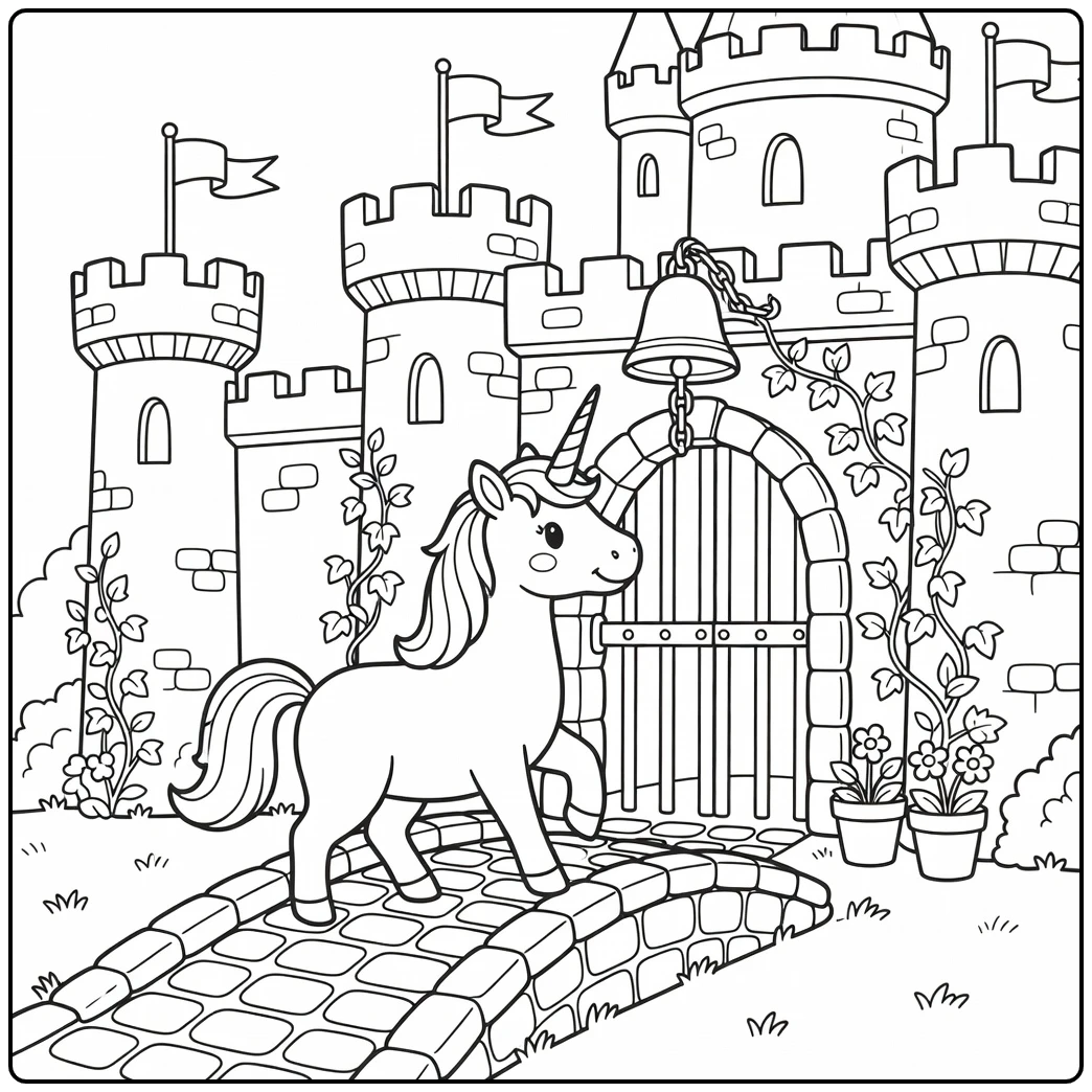 unicorn and castle coloring page: unicorn on drawbridge