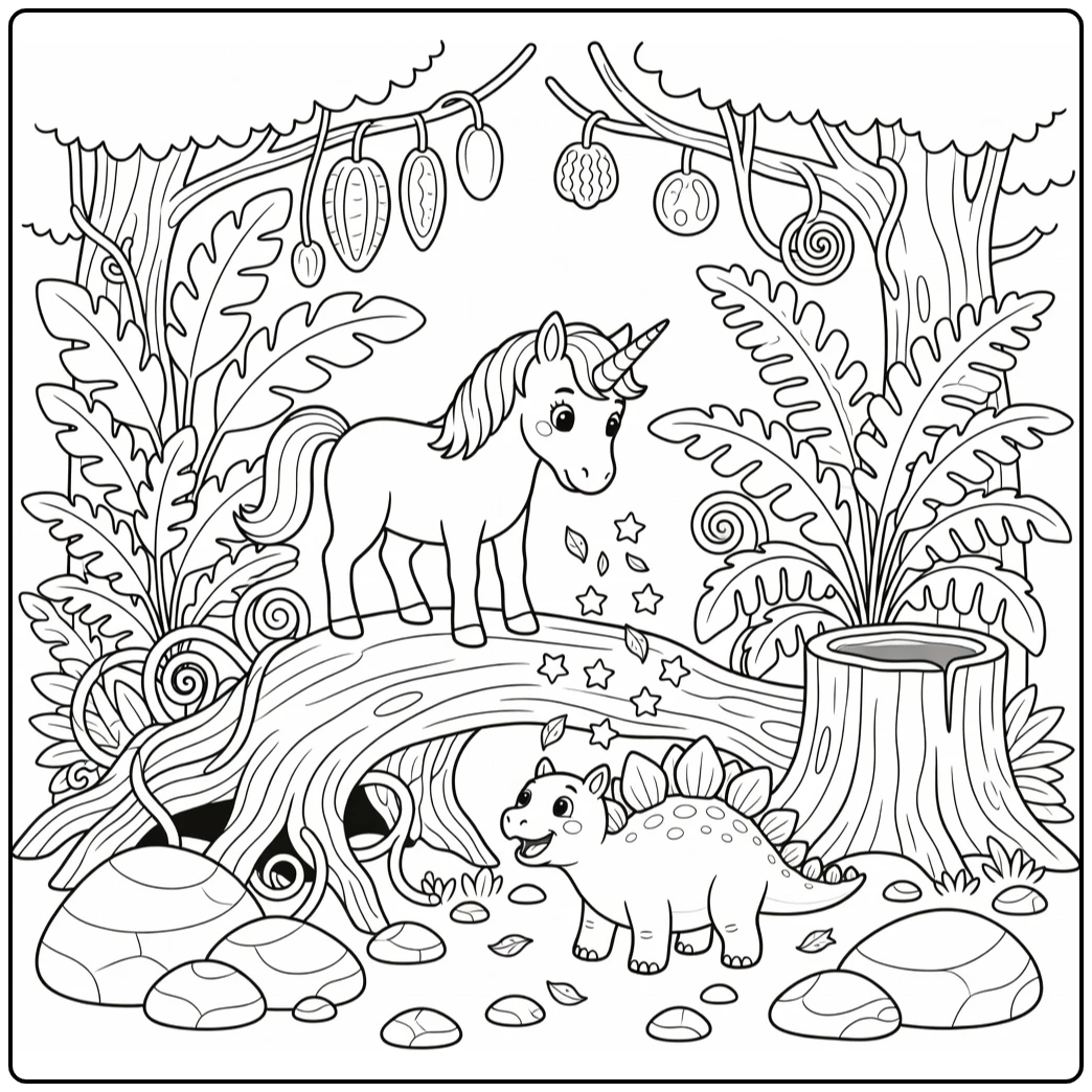 Unicorn and dinosaur coloring page: stegosaurus catches star leaves
