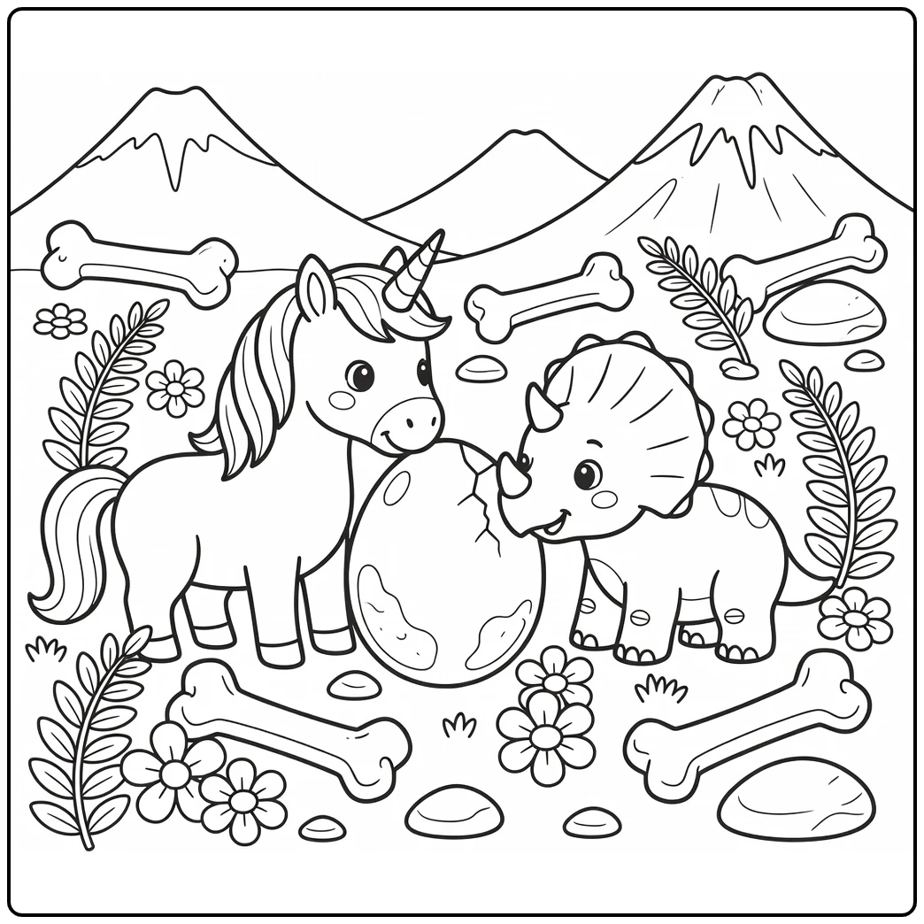 Unicorn and dinosaur coloring page with baby triceratops egg
