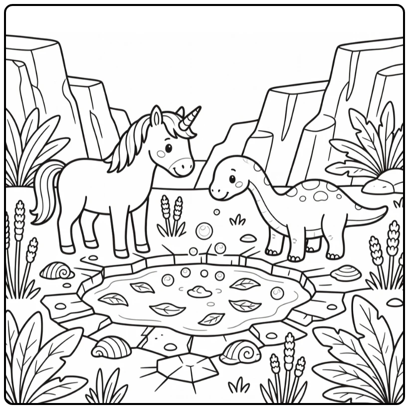 unicorn and dinosaur coloring page - peeking at bubbly mud puddle