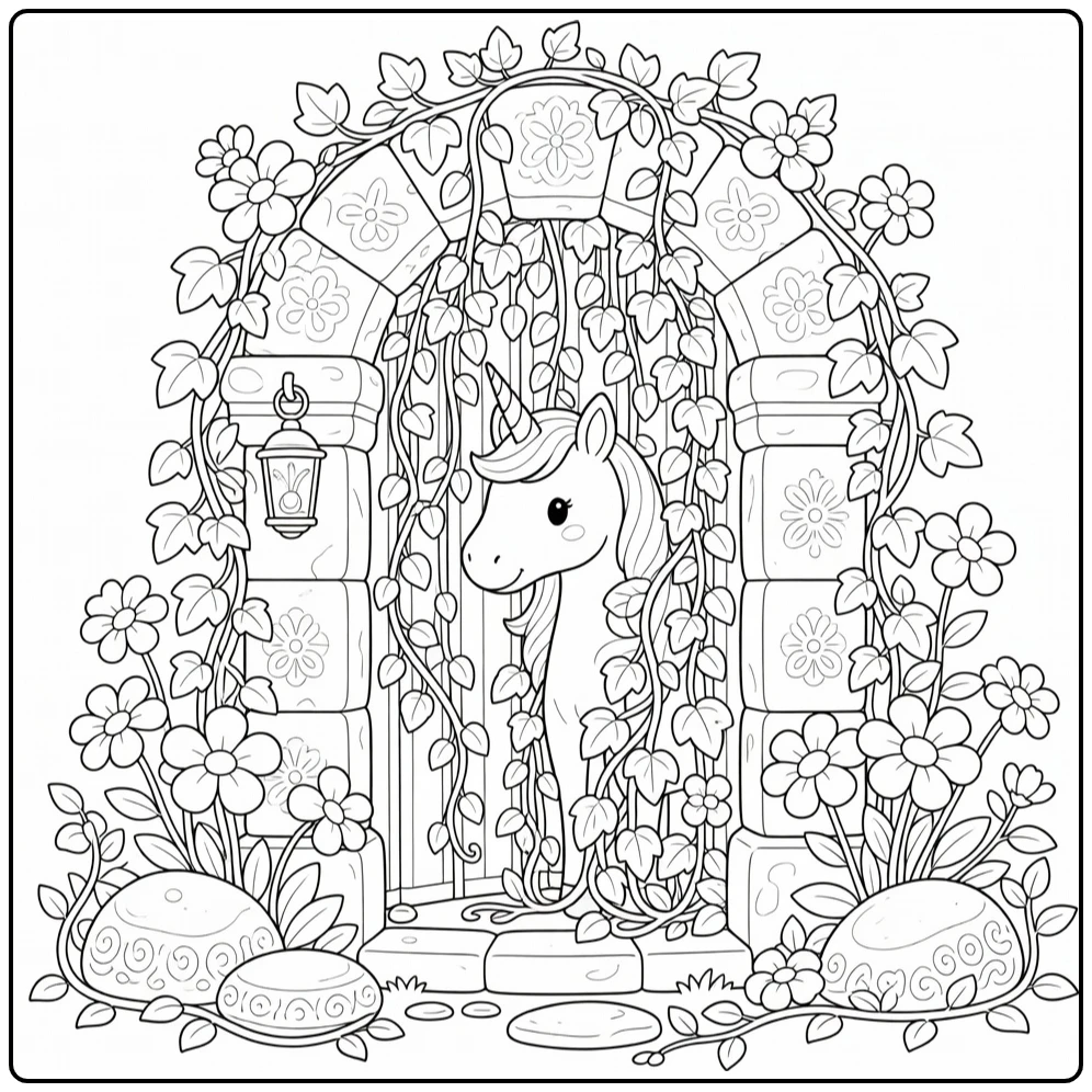 Shy unicorn peeks from vines at stone gate unicorn coloring pages