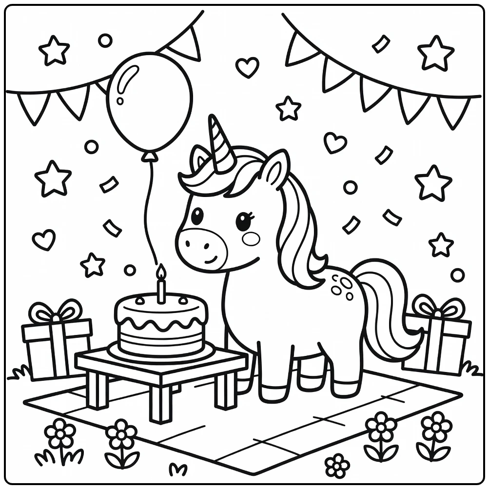 unicorn birthday coloring page with playful unicorn and cake