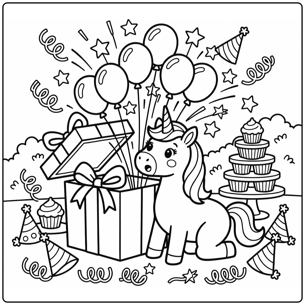 Unicorn birthday coloring page: surprised unicorn at gift box pop