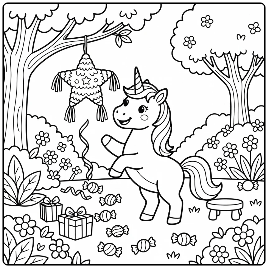 Unicorn birthday coloring page: cheerful unicorn taps star piñata