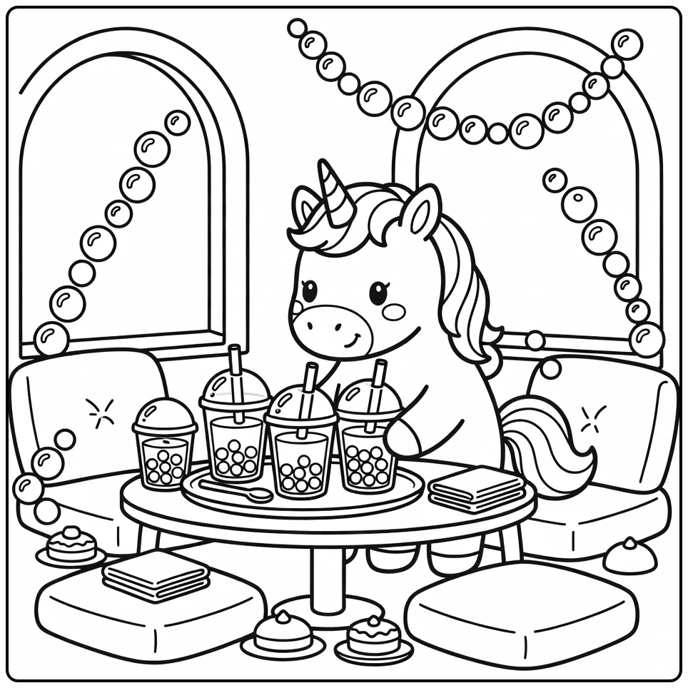 Unicorn boba coloring page: unicorn arranging cups on tray