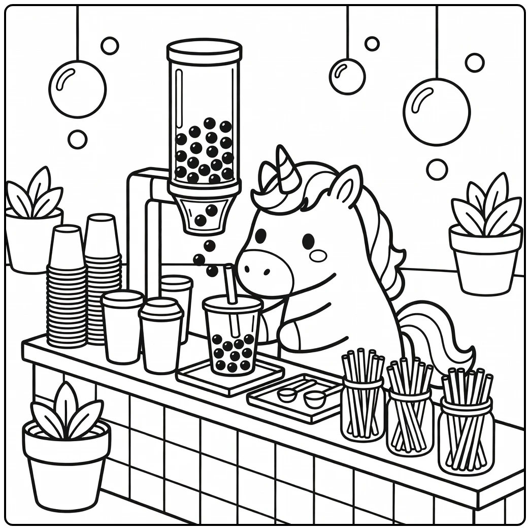 Unicorn boba coloring page: unicorn at café counter with pearls