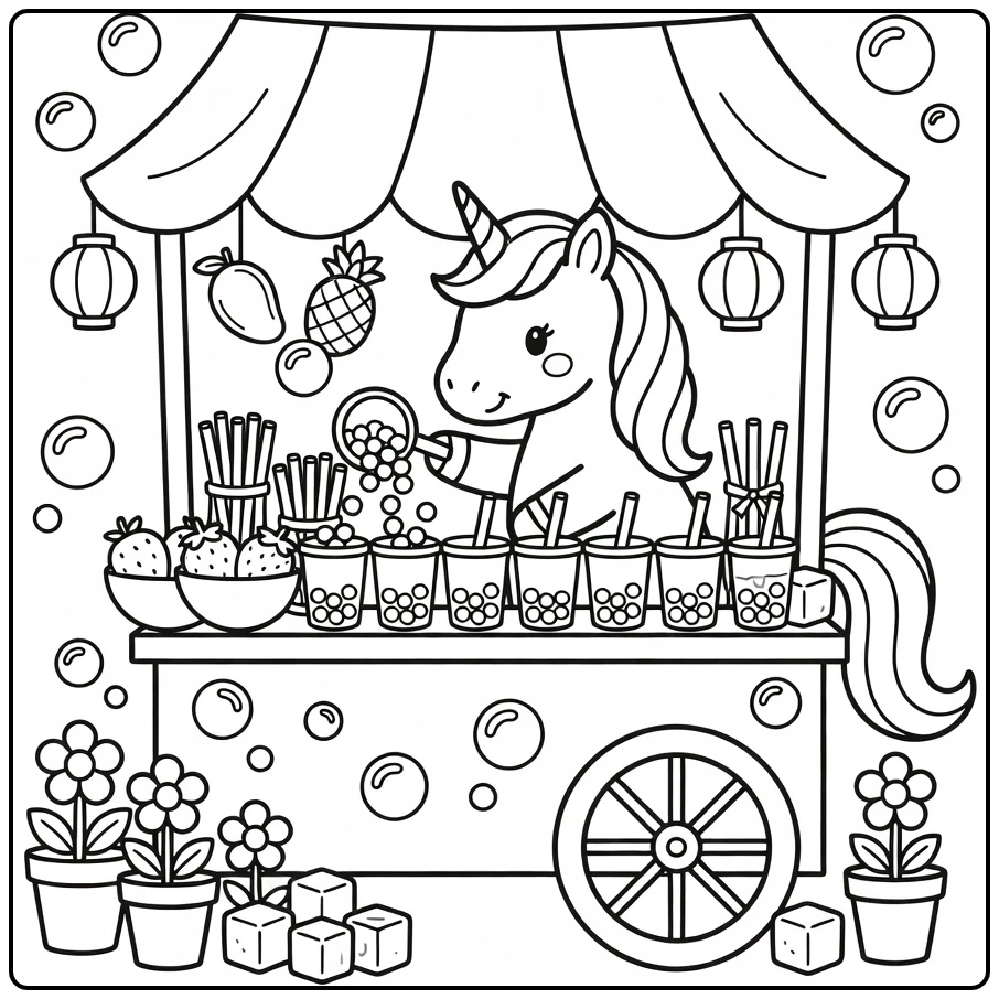 Unicorn boba coloring page: pearls dropping into cups