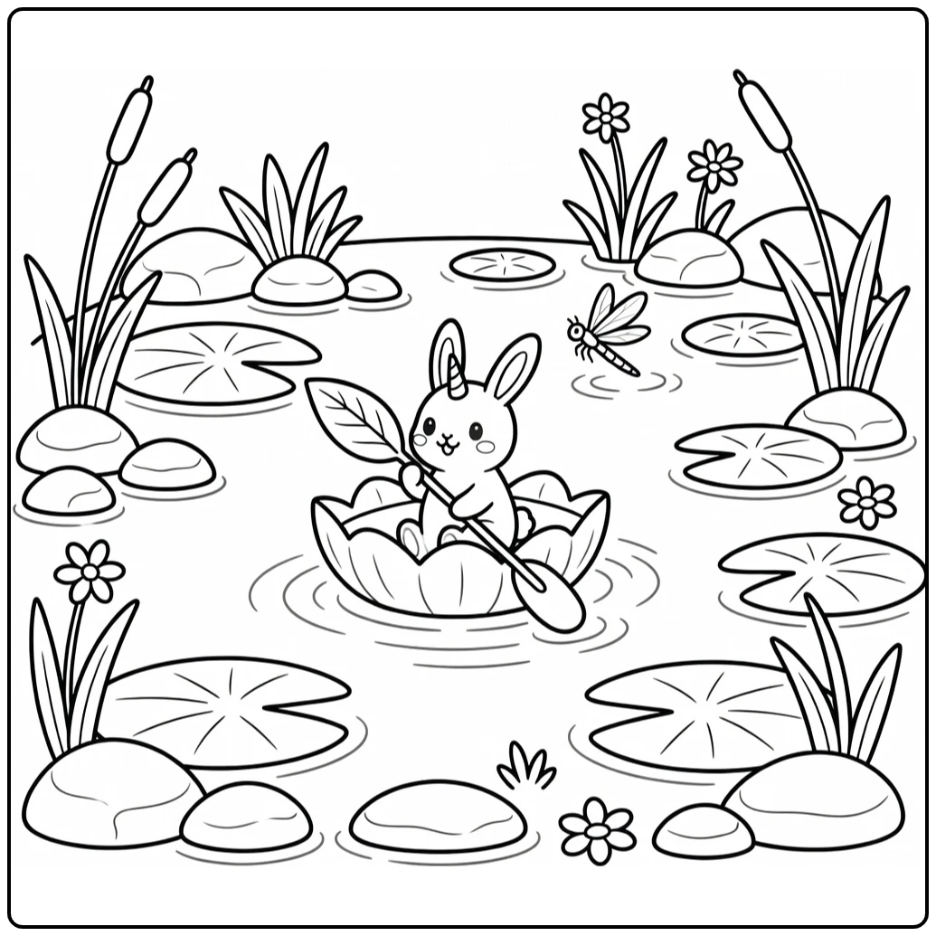 Unicorn bunny coloring page: flower boat pond paddle