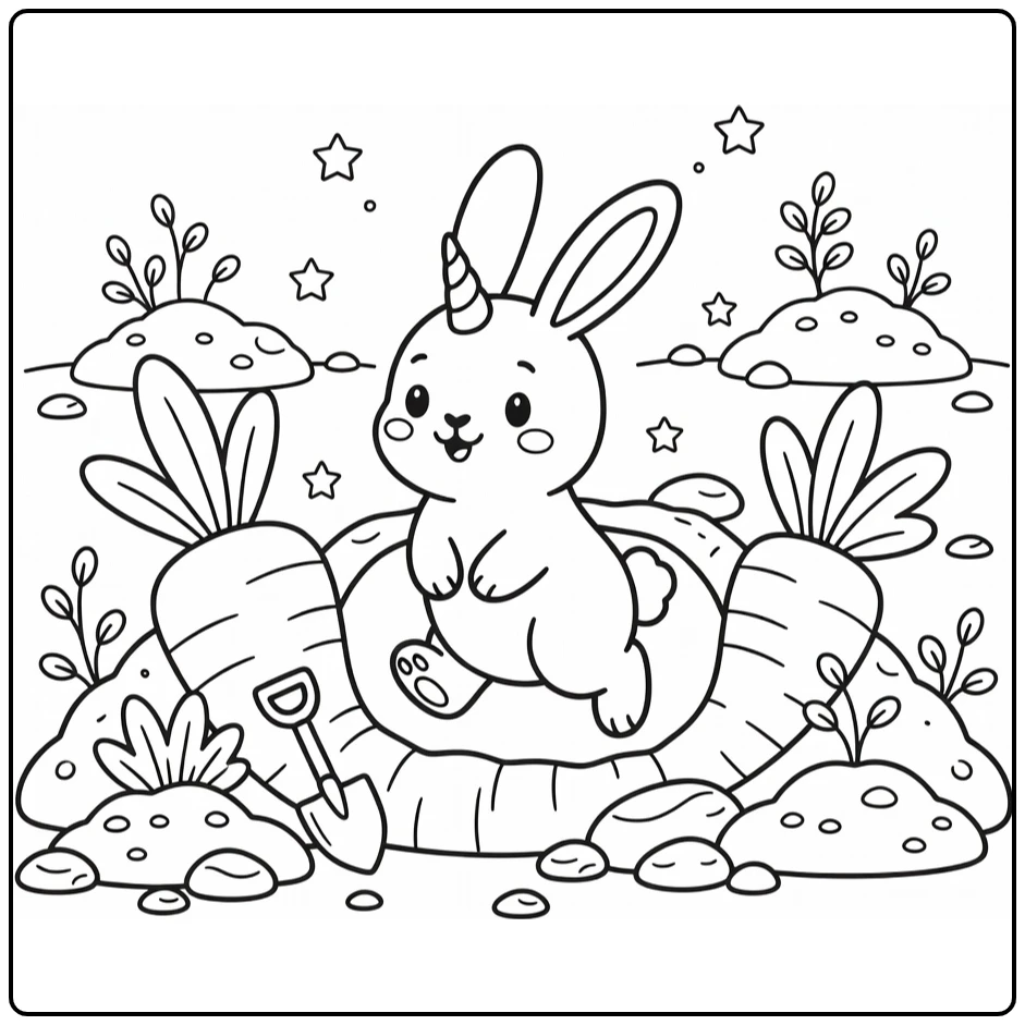 unicorn bunny coloring page: horned bunny hops from carrot burrow