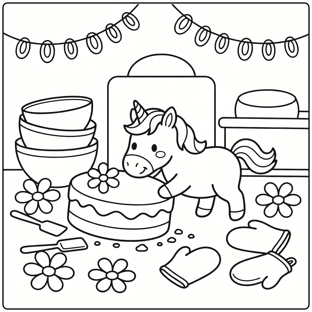unicorn cake coloring page: unicorn rolls giant cake layer