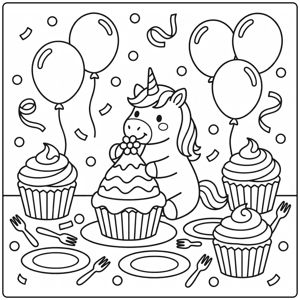 Unicorn cake coloring page: unicorn tops cupcake tower with flower