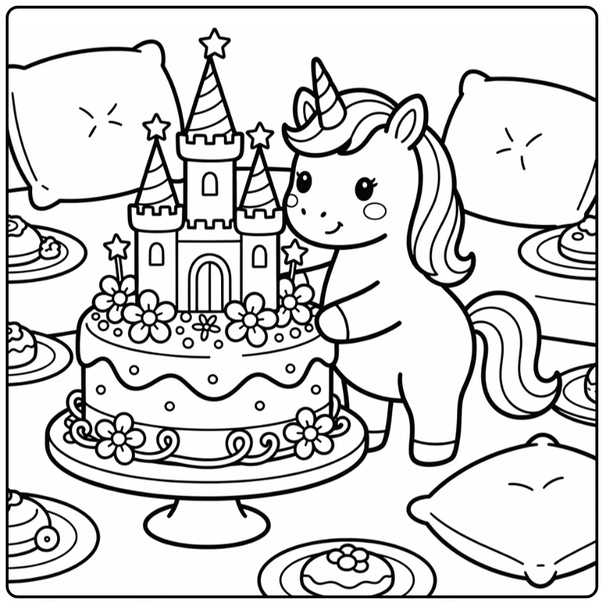 Unicorn cake coloring page: unicorn decorating castle cake