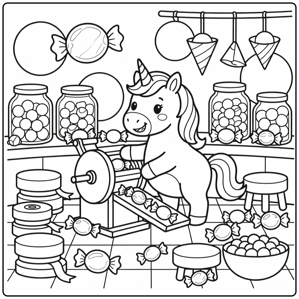 Unicorn candy coloring page: unicorn cranks candy wrapper