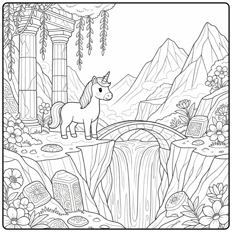 Unicorn coloring pages for adults: poised unicorn on cliffside