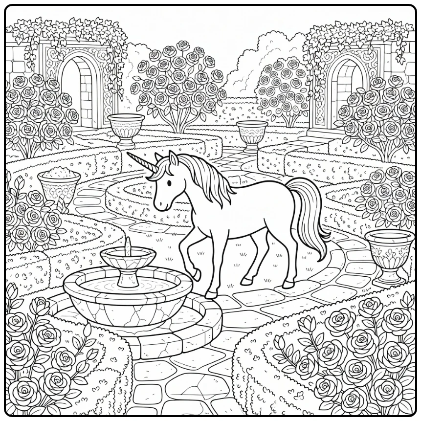 Unicorn coloring pages for adults: graceful unicorn in overgrown labyrinth garden