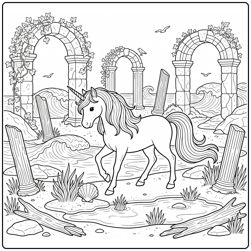 Unicorn coloring pages for adults: noble unicorn at coastal ruins (58 chars)