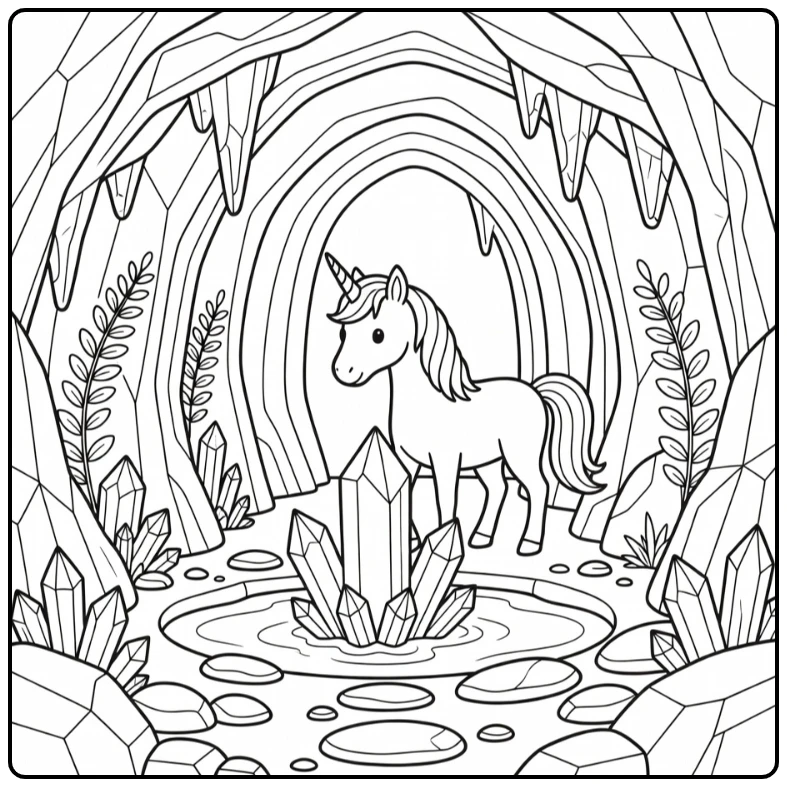 Unicorn coloring pages for adults: unicorn in crystal cavern
