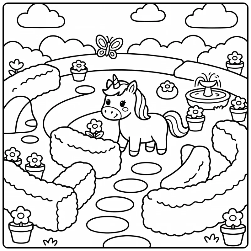 Unicorn coloring pages for kids: maze adventure with butterfly