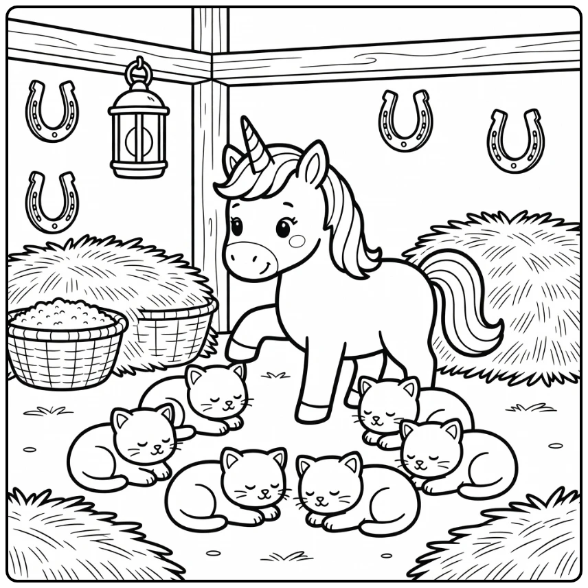 Unicorn coloring pages for kids: tiptoeing around sleeping kittens