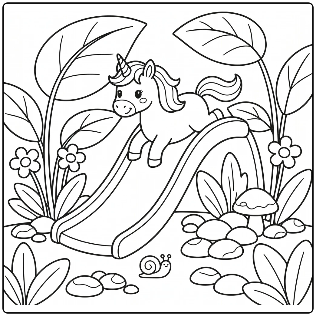 unicorn coloring pages for kids: unicorn sliding down leaf slide
