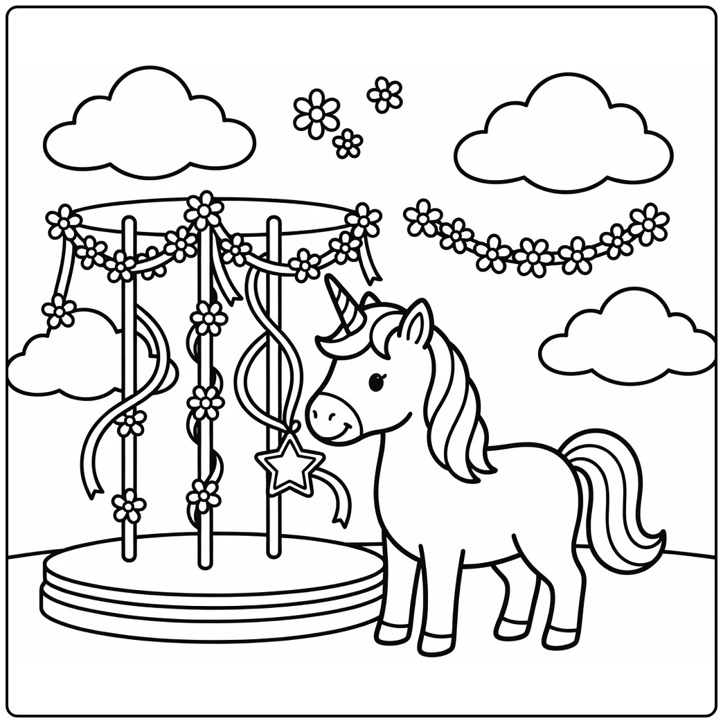 Unicorn coloring pages for kids: nudging star at carousel