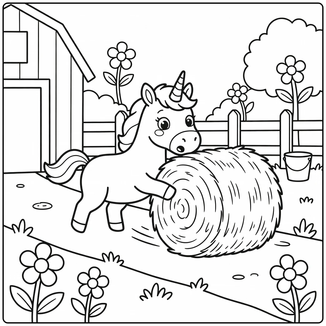 Unicorn coloring pages for kids: surprised unicorn pushing rolling hay bale on farm