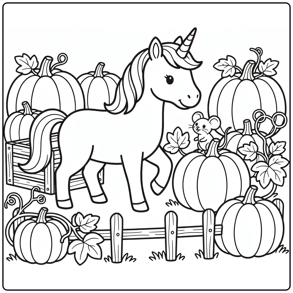 Unicorn coloring pages: unicorn eyes mouse on pumpkin stem