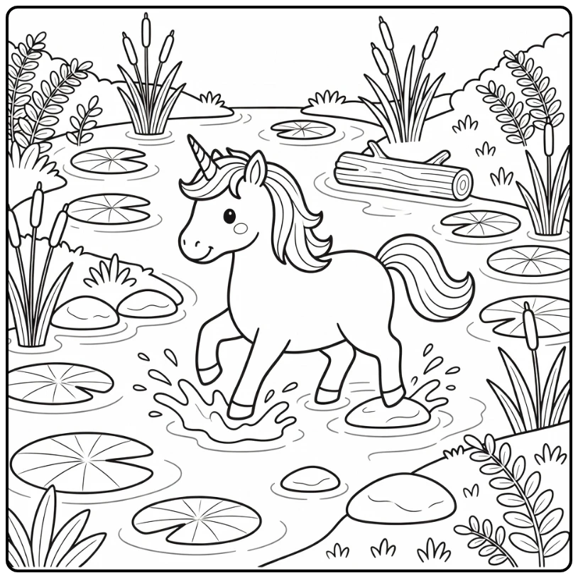 Unicorn coloring pages: unicorn trotting in forest stream splash