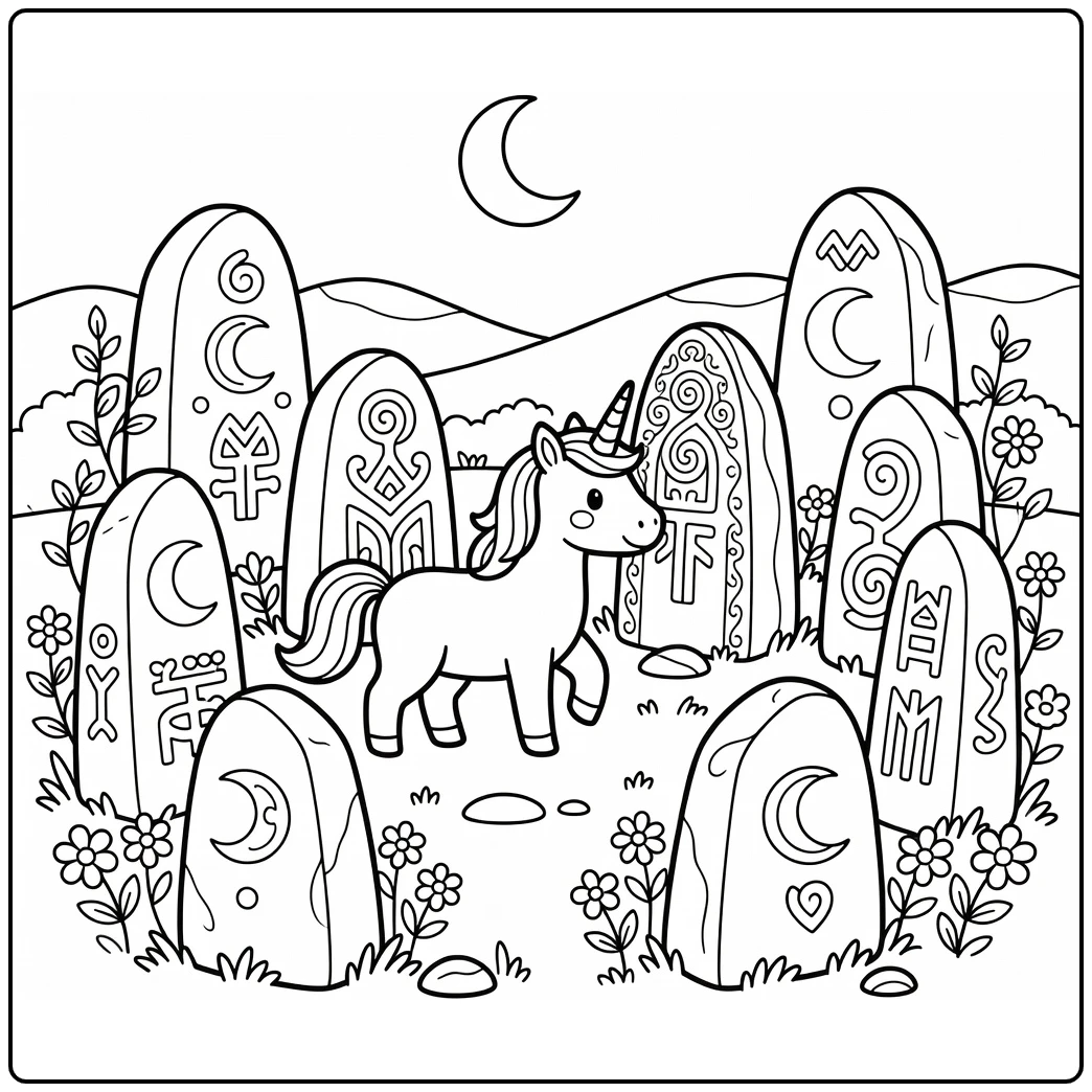 Unicorn coloring pages: magical stone circle touch
