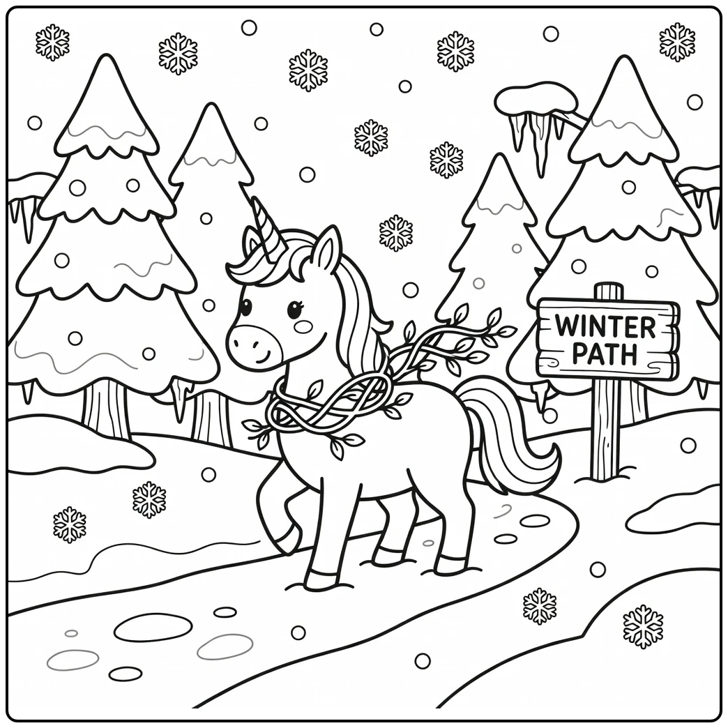 Unicorn with vine scarf in falling snow, unicorn coloring pages