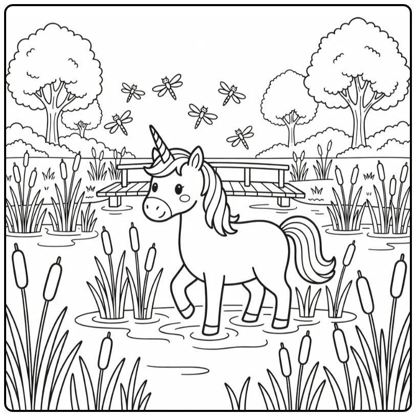Unicorn coloring pages: unicorn wading in marsh reeds
