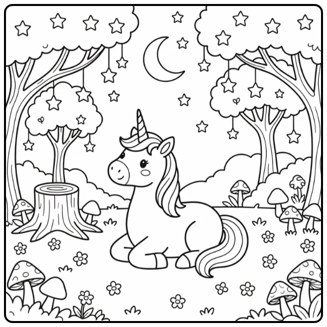 Unicorn coloring pages: resting under crescent moon & stars