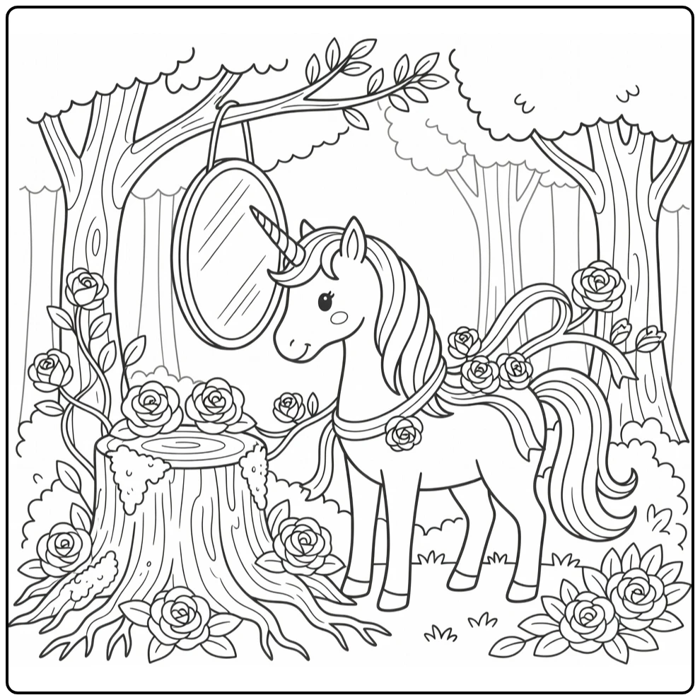 Unicorn coloring pages: bowing to round mirror in fairytale forest