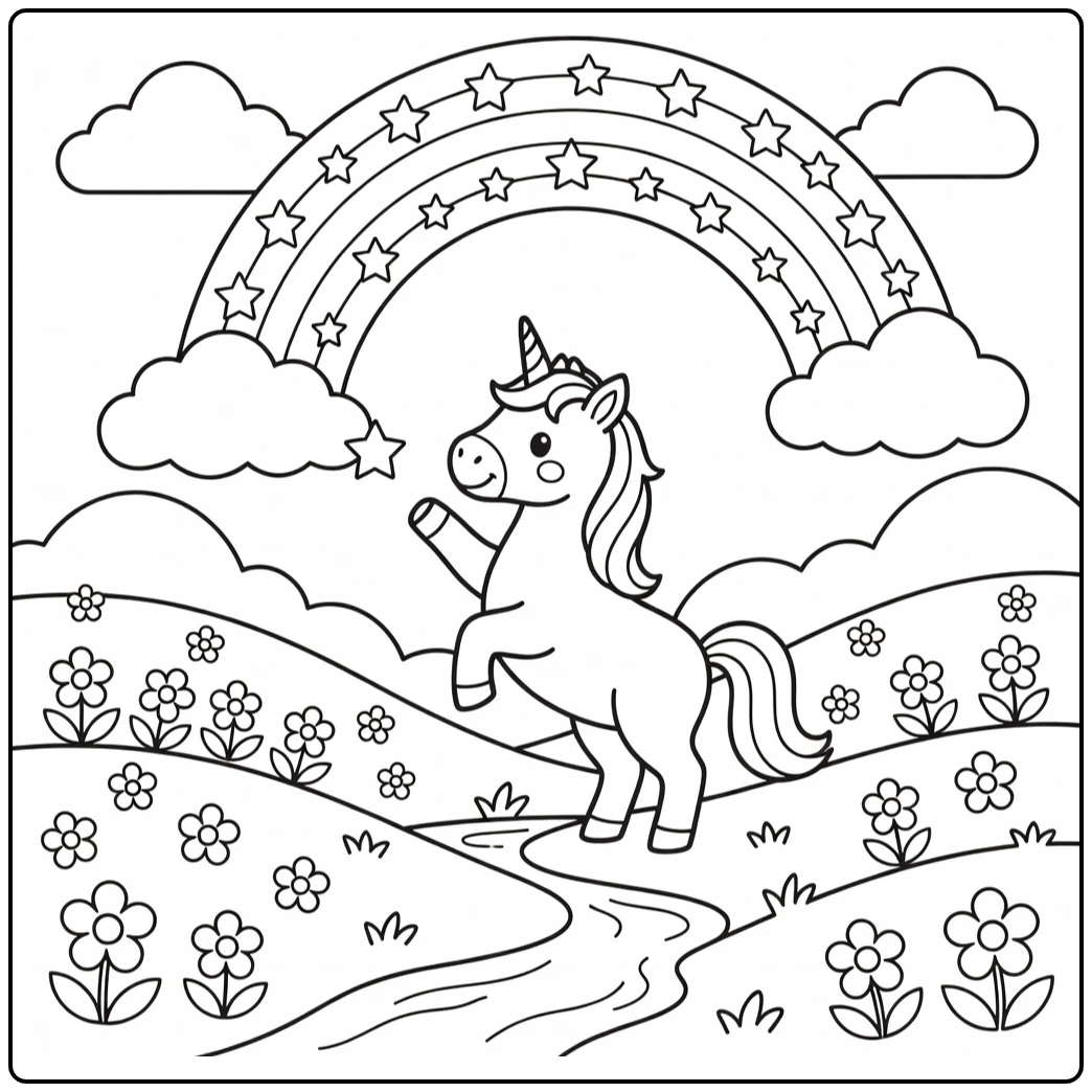 Unicorn coloring pages: unicorn reaches for star under rainbow arch