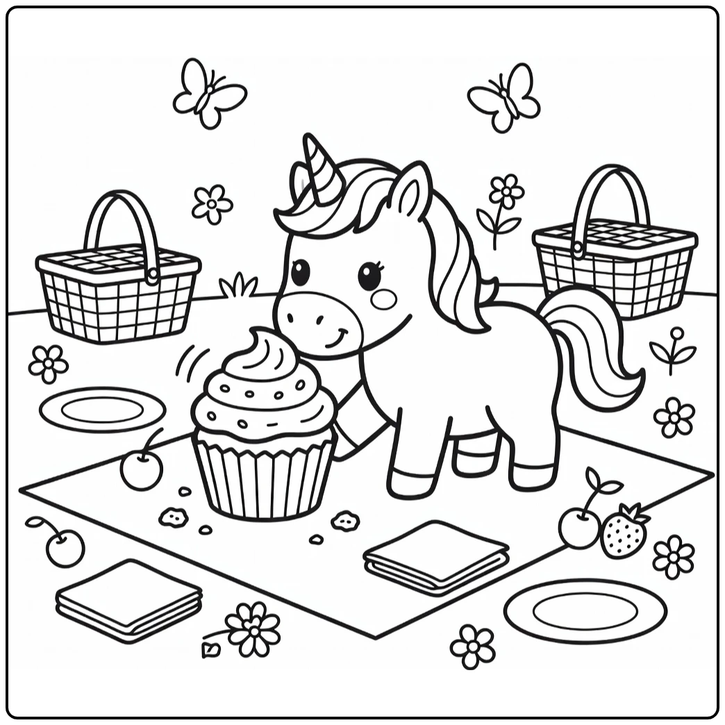 Unicorn nudging rolling cupcake picnic - unicorn cupcake coloring page