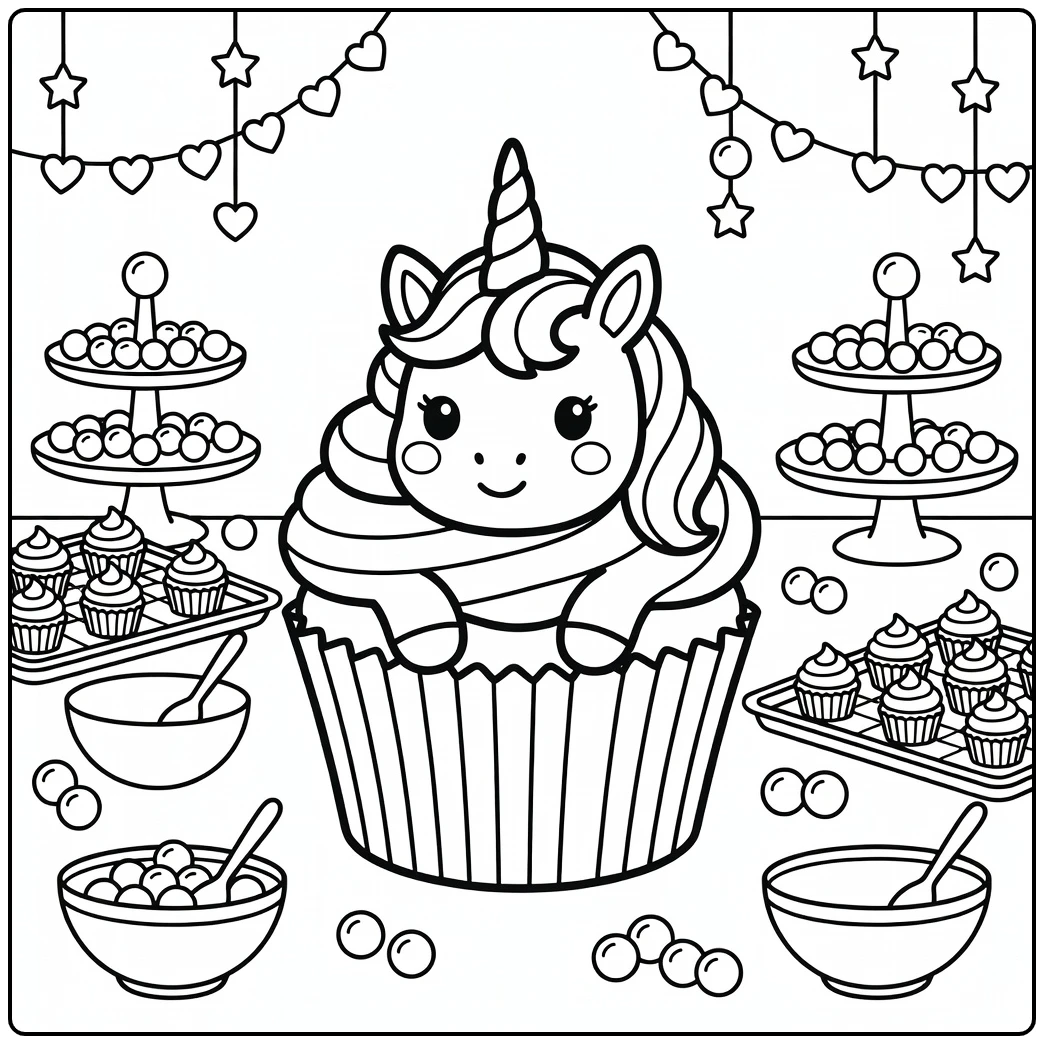 Unicorn cupcake coloring page: peeking unicorn in bakery scene