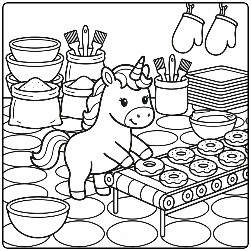 Unicorn donut coloring page: tapping dough on conveyor