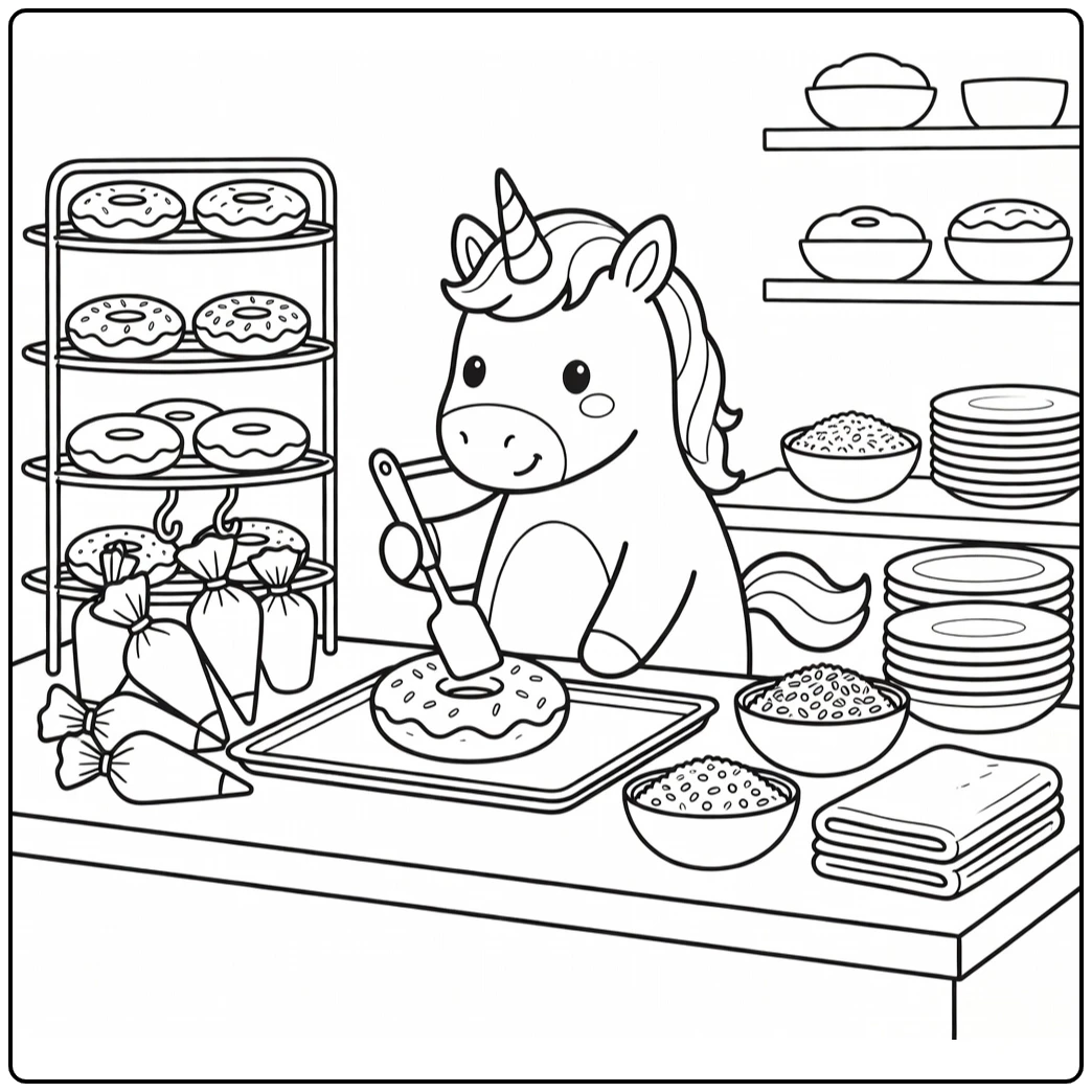 Unicorn donut coloring page: unicorn glazing donut