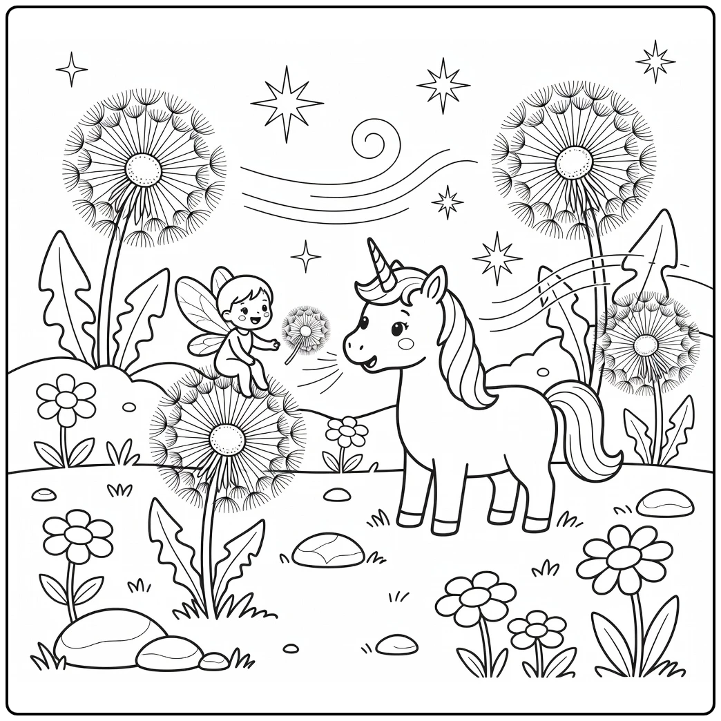 Unicorn fairy coloring page: fairy on dandelion puff with blowing unicorn