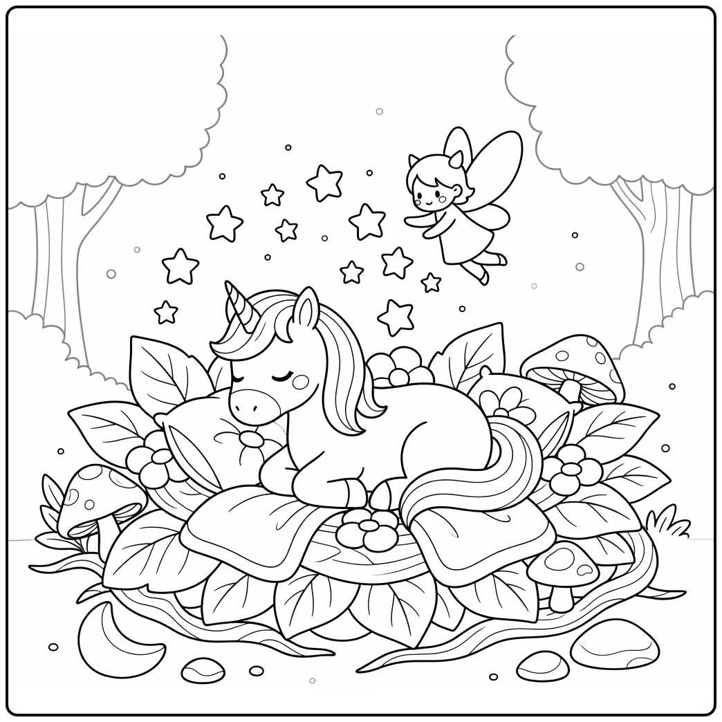 Unicorn fairy coloring page: fairy sprinkles star pollen on sleeping unicorn nest