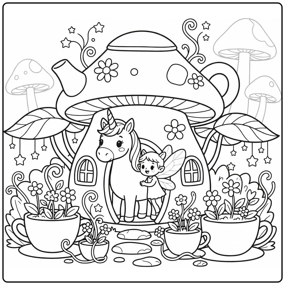 Unicorn peeking into fairy house unicorn fairy coloring page