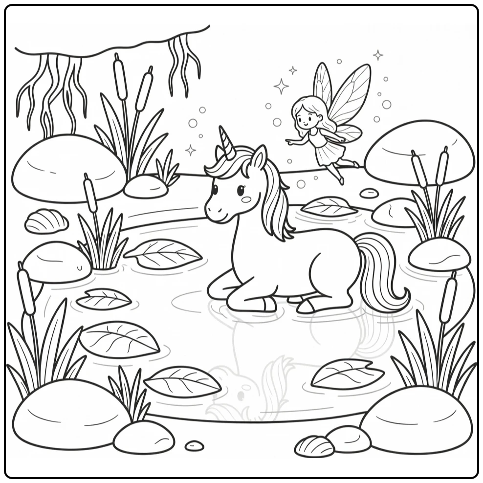 Unicorn fairy coloring page with pool, fairy, leaf island