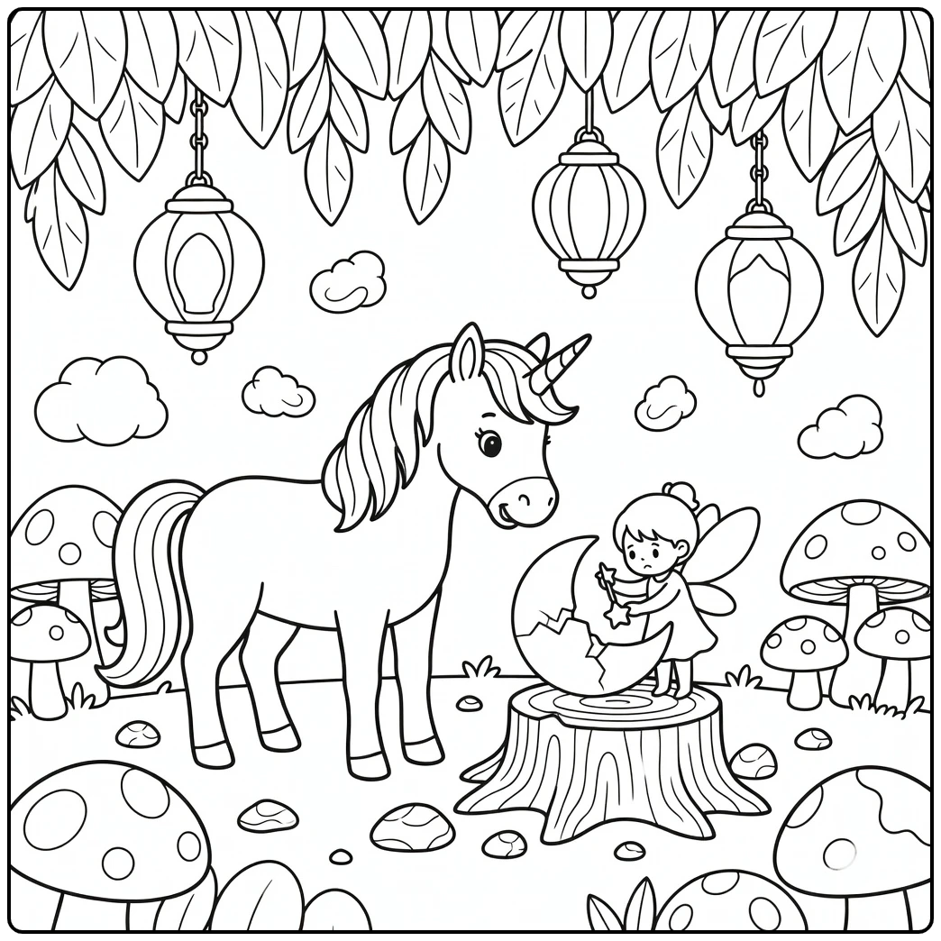 Unicorn fairy coloring page: fairy repairs moon lantern