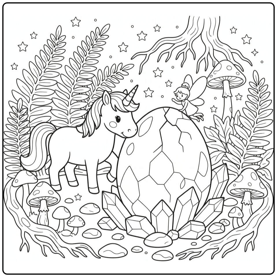 Unicorn fairy coloring page: cracked crystal egg discovery
