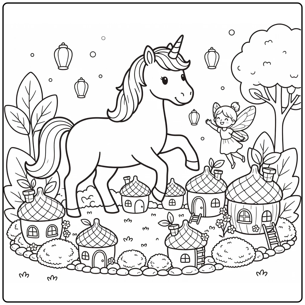Unicorn fairy coloring page: unicorn steps over tiny houses
