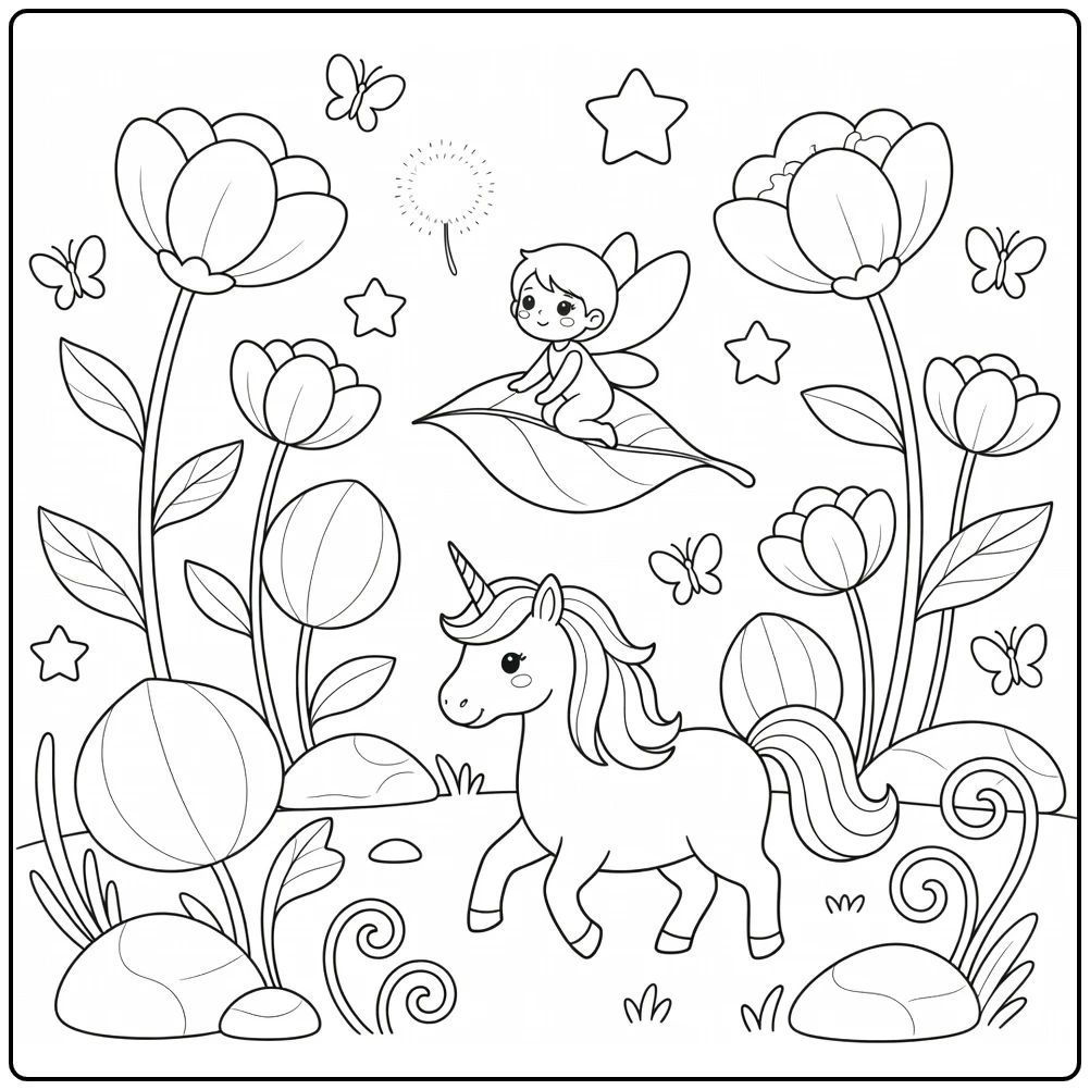 unicorn fairy coloring page: fairy on leaf, unicorn trots below