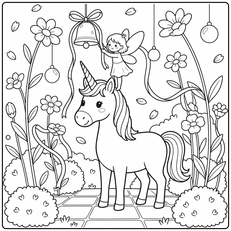 unicorn fairy coloring page: fairy ties ribbon on flower bell