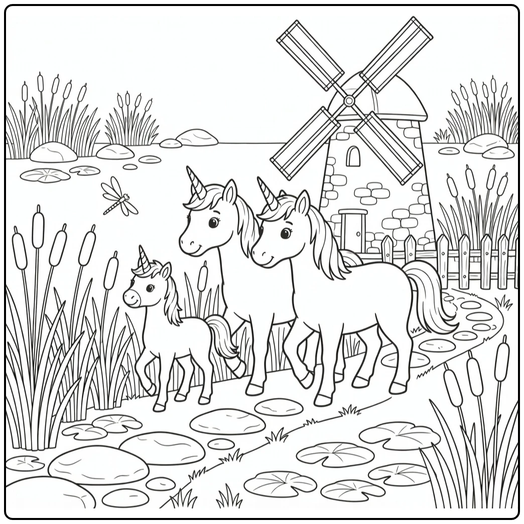 Unicorn family coloring pages: foal with parents amid reeds