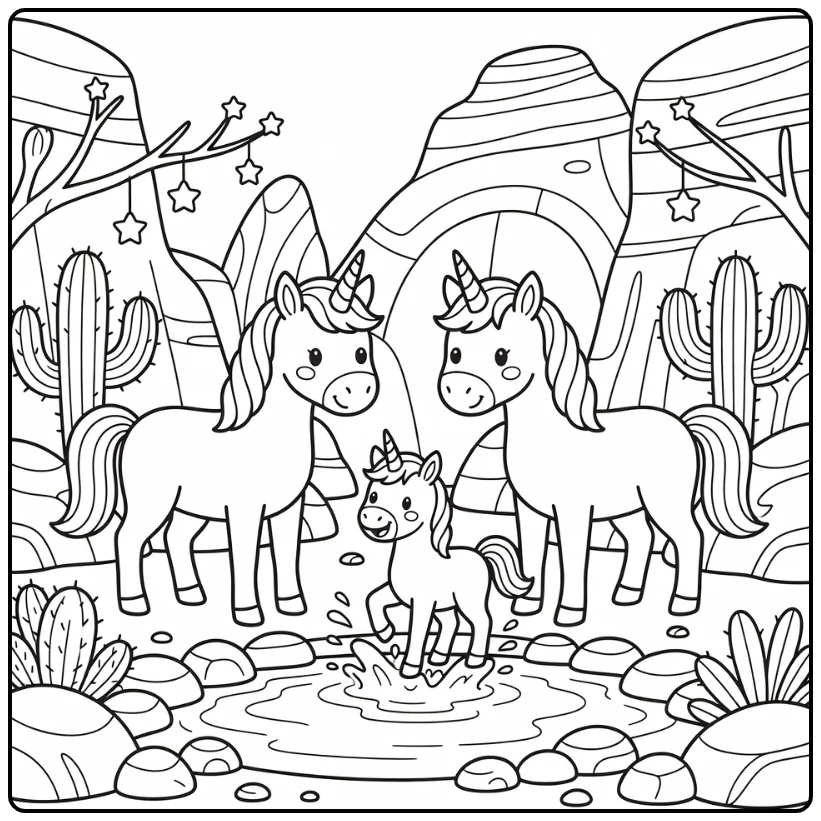 Unicorn family coloring pages: foal splashing canyon spring
