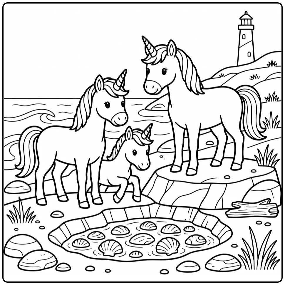 Unicorn family coloring pages: foal inspects tide pool on rocky ledge